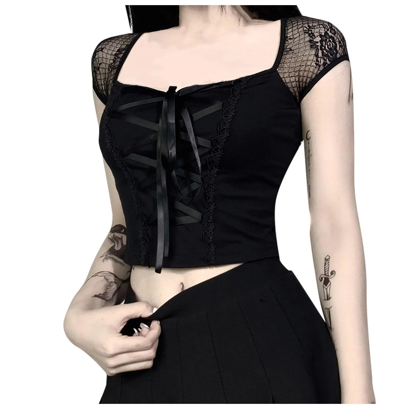 Gothic Rock Short Sleeve Corset Top with Lace and Ribbon Details: A Must-Have for Goth Fashionistas