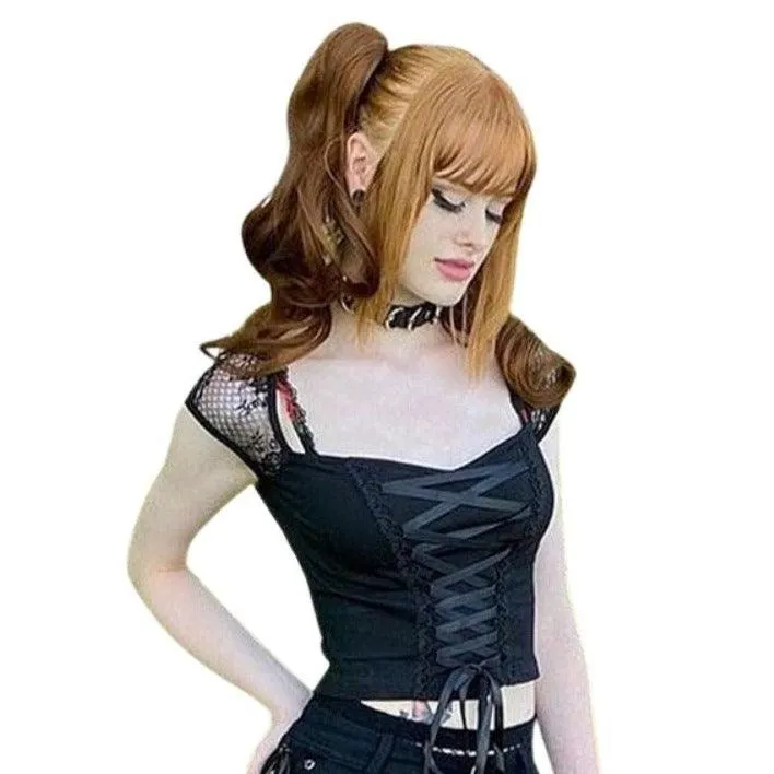 Gothic Rock Short Sleeve Corset Top with Lace and Ribbon Details: A Must-Have for Goth Fashionistas