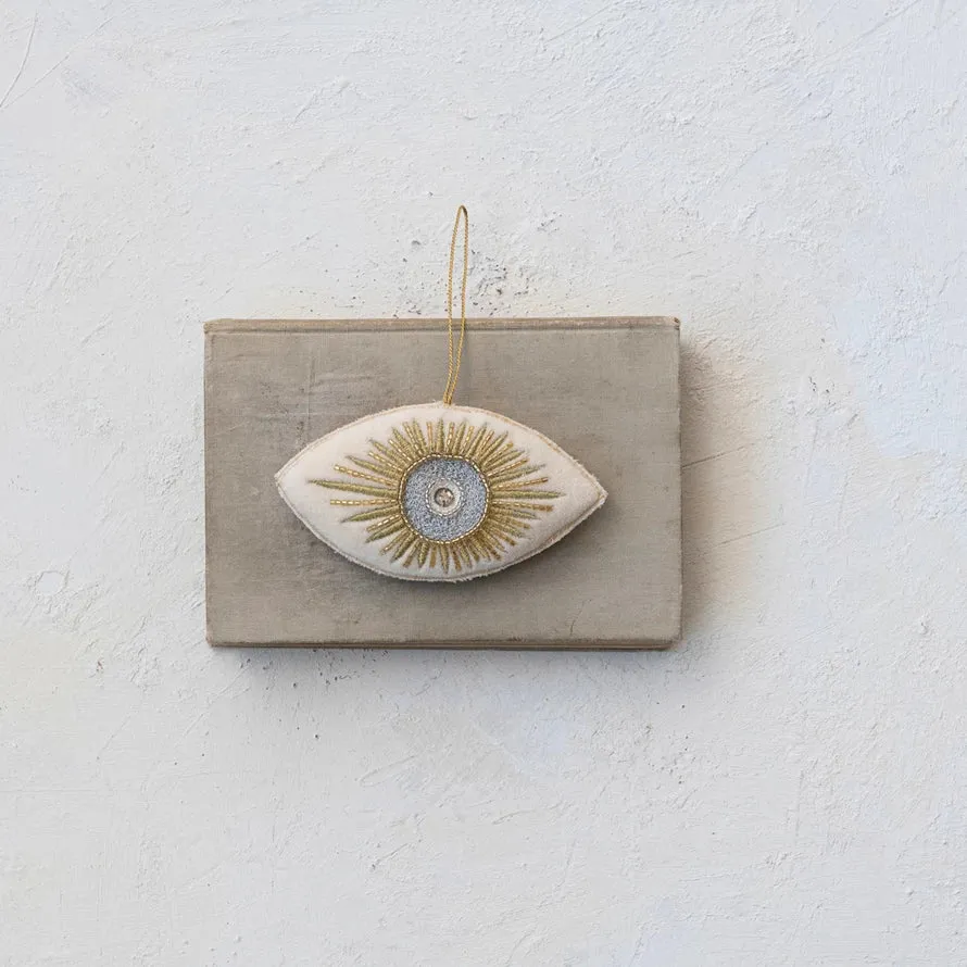 Handmade Cotton Velvet Evil Eye Ornament w/ Glass Beads & Embroidery