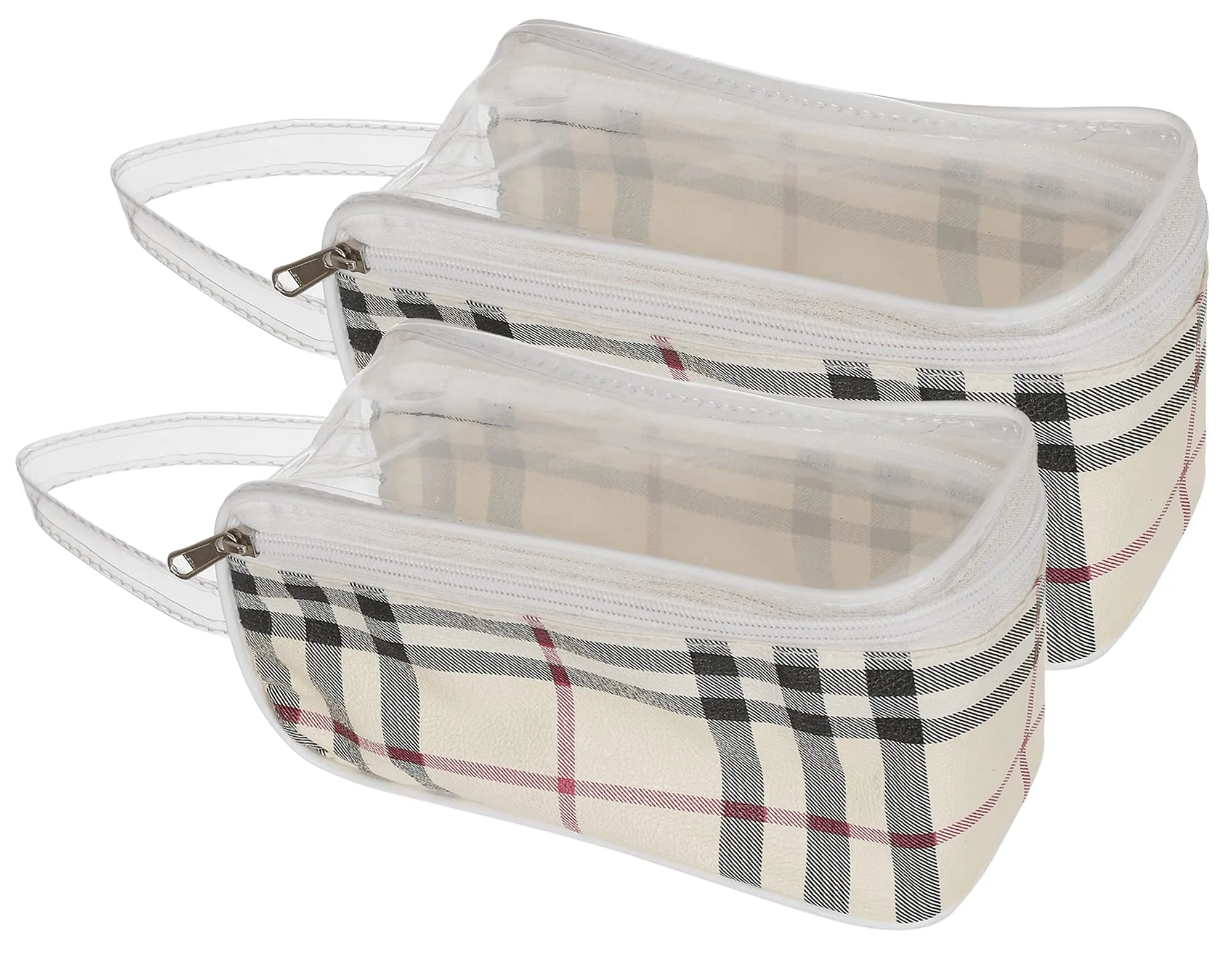 Heart Home Portable Clear PVC Zippered Toiletry Bag Organizers with Handle for Vacation Travel, Bathroom-Set of 2 (Cream),F_26_HEARTH017001