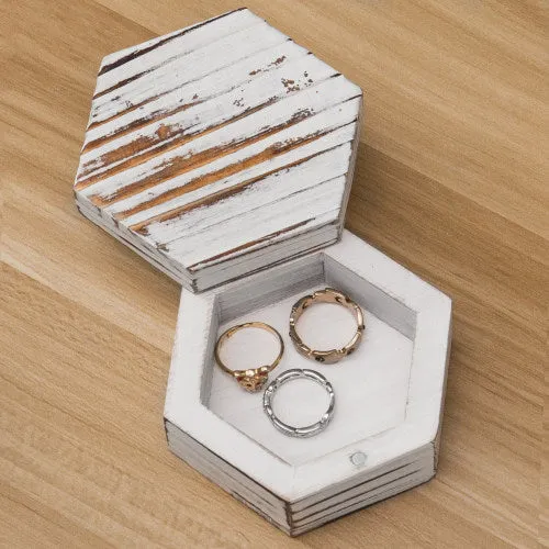 Hexagonal Antique Whitewash Wood Ring & Trinket Box