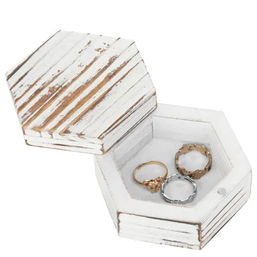 Hexagonal Antique Whitewash Wood Ring & Trinket Box