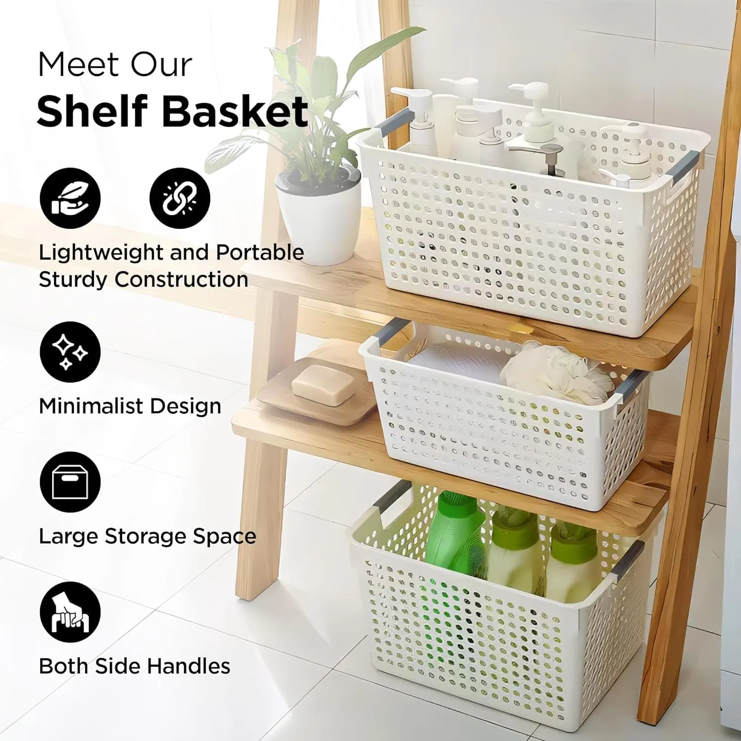 Homestic Shelf Baskets 25.5 cm Height | Plastic Storage Basket for Kitchen Fruits Vegetables Toys | Multipurpose Utlility | Attractive Design | White