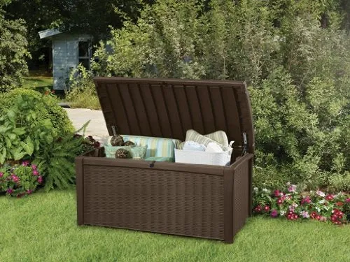 Keter Borneo 110 Gallon Resin Deck Box-Organization and Storage for Patio Furniture Outdoor Cushions, Throw Pillows, Garden Tools and Pool Toys, Brown