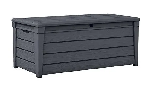 Keter Brightwood 120 Gallon Resin Large Deck Box for Patio Garden Furniture, Outdoor Cushion Storage, Pool Accessories, and Toys, Grey