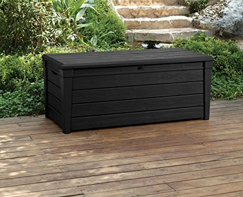 Keter Brightwood 120 Gallon Resin Large Deck Box for Patio Garden Furniture, Outdoor Cushion Storage, Pool Accessories, and Toys, Grey