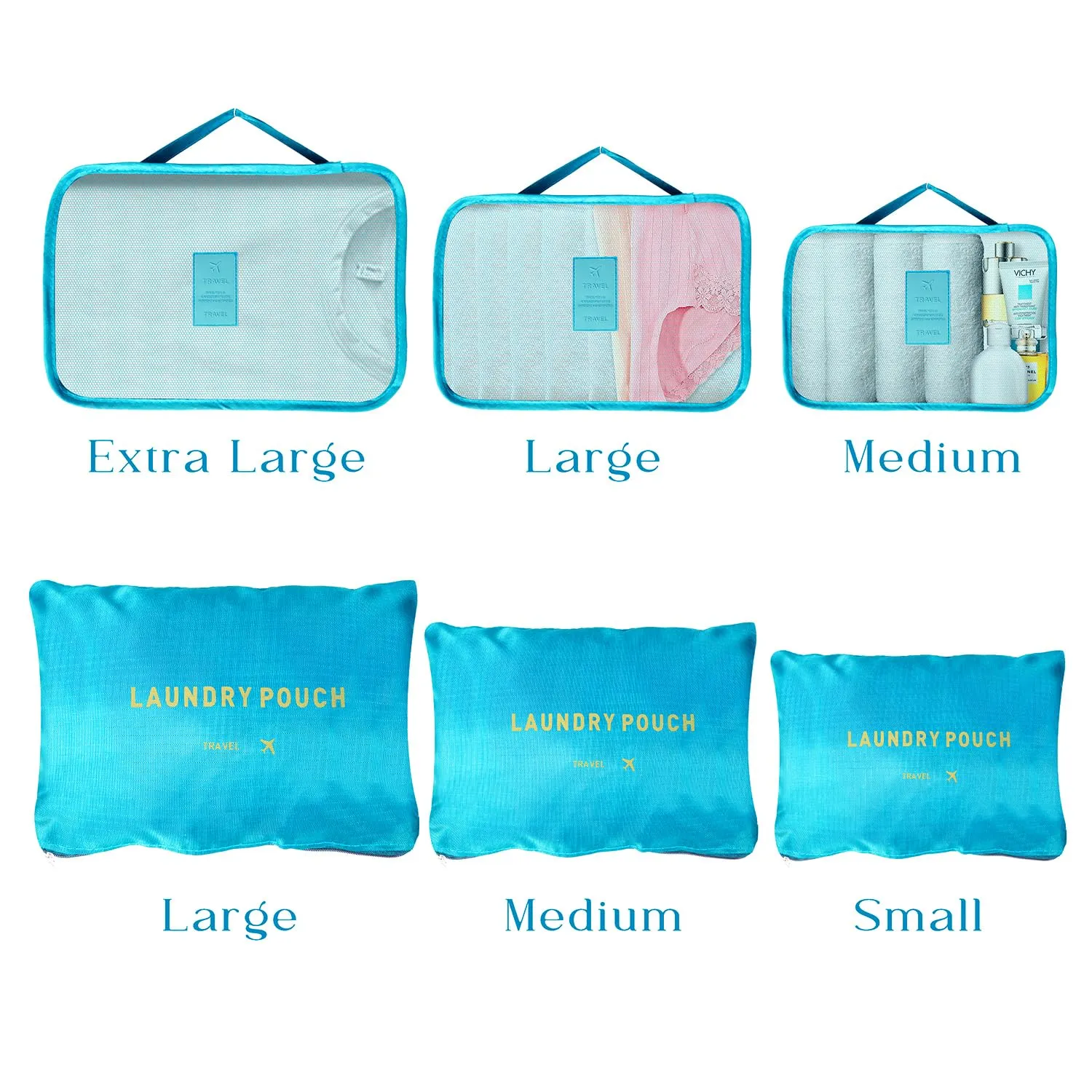 Kuber Industries 18 Pcs Travel Luggage Bag | Toiletry Bag for Jewellery-Watches-Bracelets | Multi-Purpose Storage Bag with Handle | Travel Utility Storage Pouches | LYN16-BLE | Blue| Pack of 3