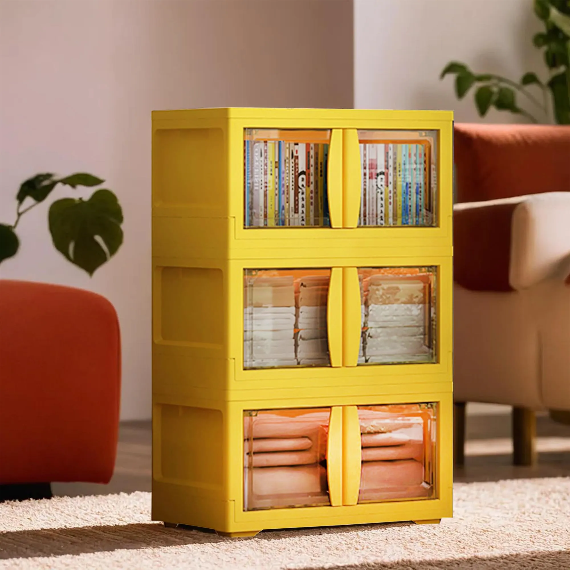 Kuber Industries (Set of 4) 3-Layer Double Door Almirah for Clothes - Collapsible & Foldable Dress Racks/Plastic Cupboard for Storage - Yellow