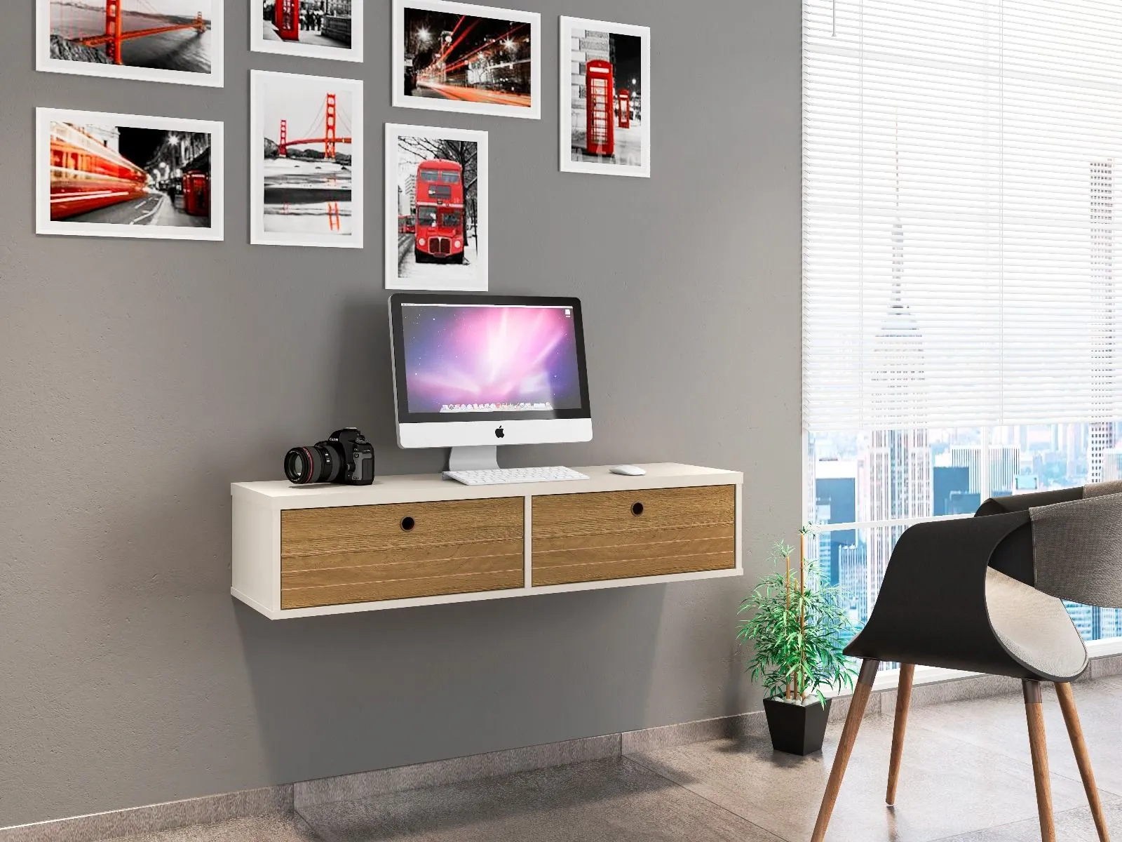 Liberty 42.28 Mid-Century Modern Floating Office Desk with 2 Shelves in Off White and Cinnamon