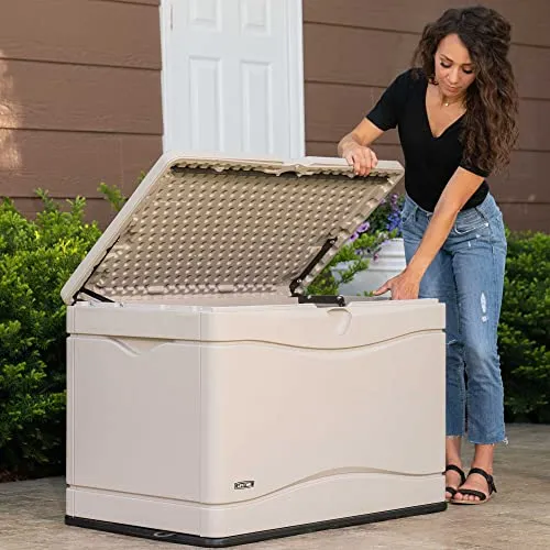 Lifetime 60059 Black Bottom & Desert (Tan) Sides and Lid Outdoor Storage Box-80 Gal, 80 Gallon, Desert Sand