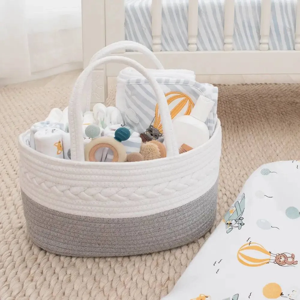 Living Textiles | 100% Cotton Rope Nappy Caddy - Small - Grey/White