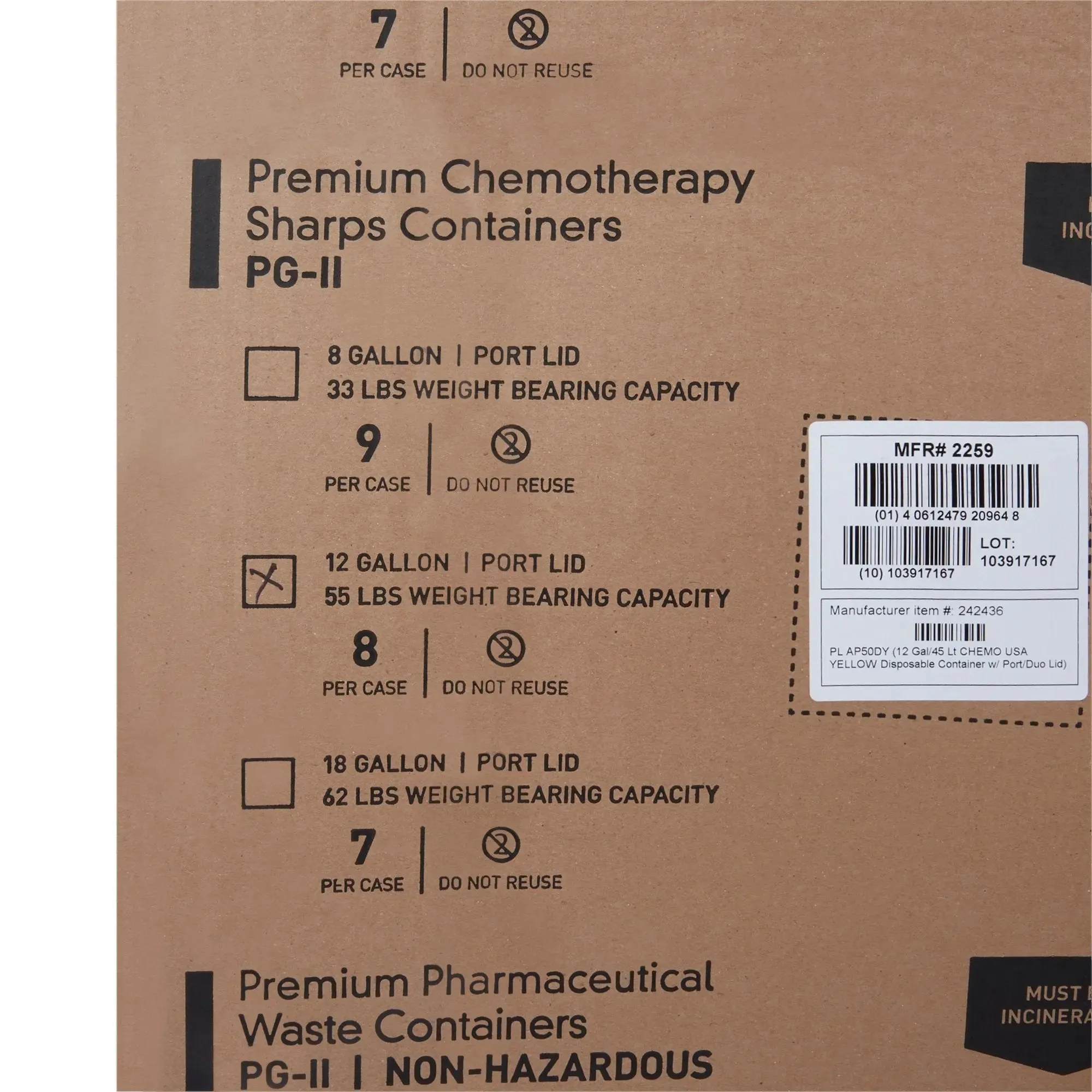 McKesson Prevent® Chemotherapy Sharps Container, 12 Gallon, 20-4/5 x 17-3/10 x 13 Inch