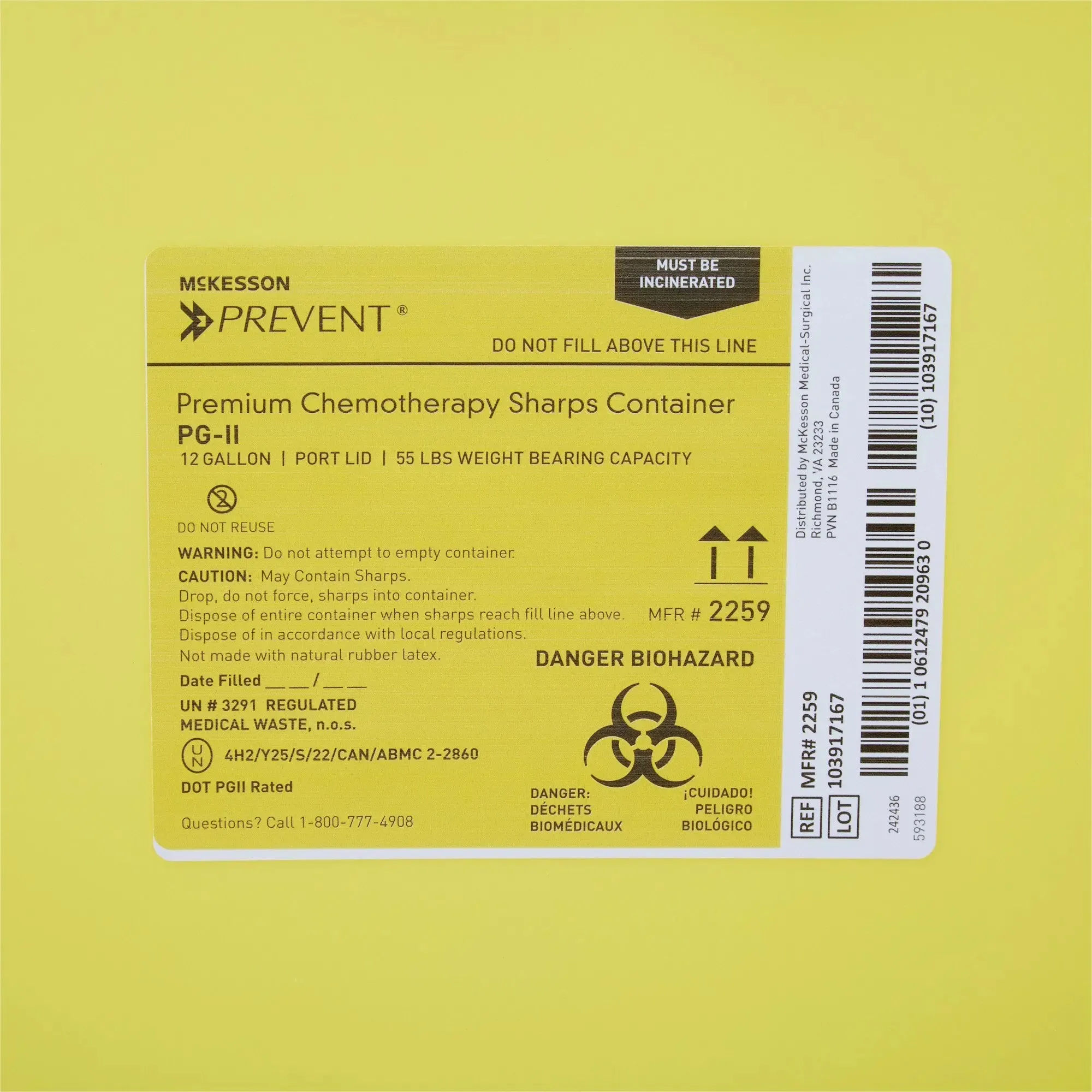 McKesson Prevent® Chemotherapy Sharps Container, 12 Gallon, 20-4/5 x 17-3/10 x 13 Inch