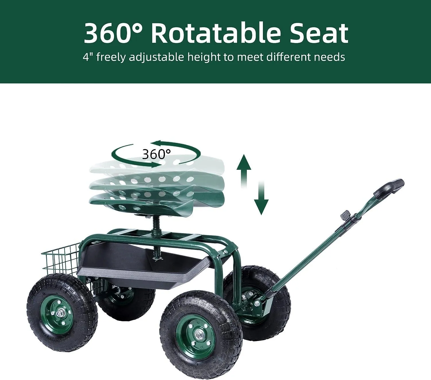 Rolling Garden Cart with Seat Lawn Yard Patio Work Seat Gardening Stool with Tool Tray and Storage Basket, with Handle