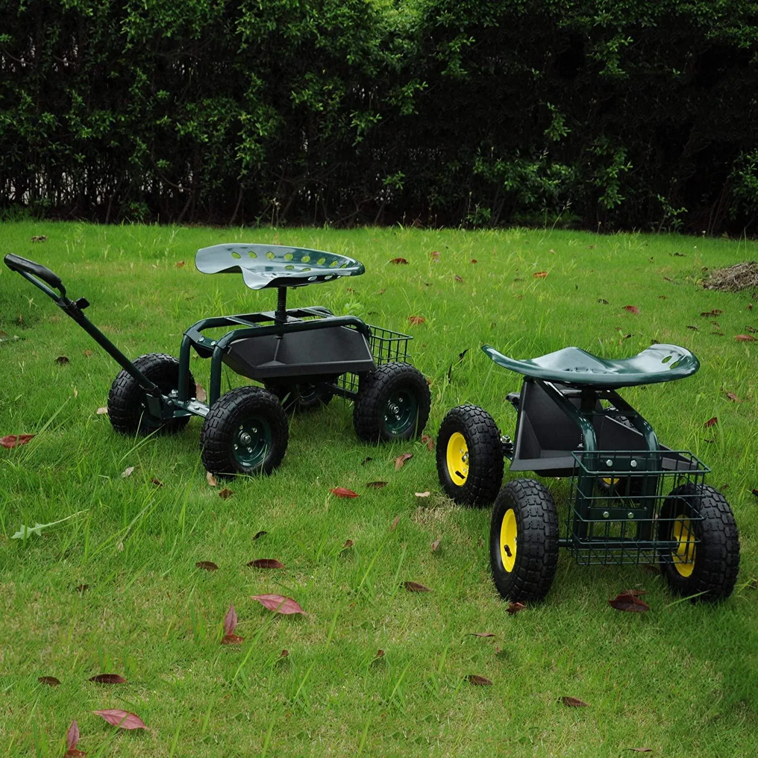 Rolling Garden Cart with Seat Lawn Yard Patio Work Seat Gardening Stool with Tool Tray and Storage Basket, with Handle