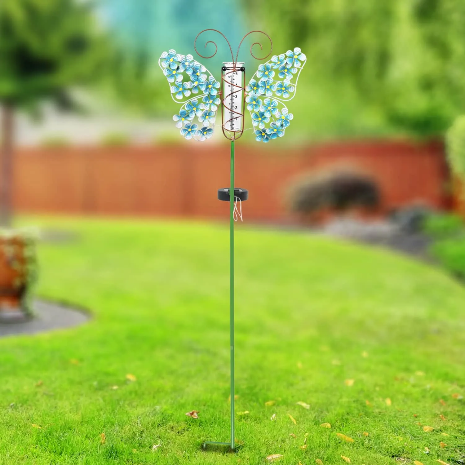 Solar Metal and Glass Blue Butterfly Rain Gauge Garden Stake, 12 by 40 Inches