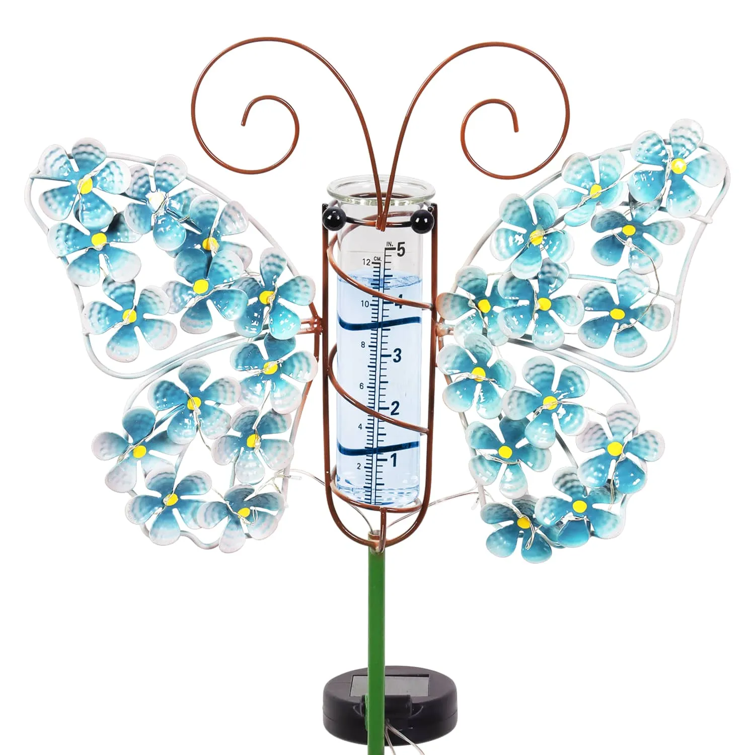 Solar Metal and Glass Blue Butterfly Rain Gauge Garden Stake, 12 by 40 Inches