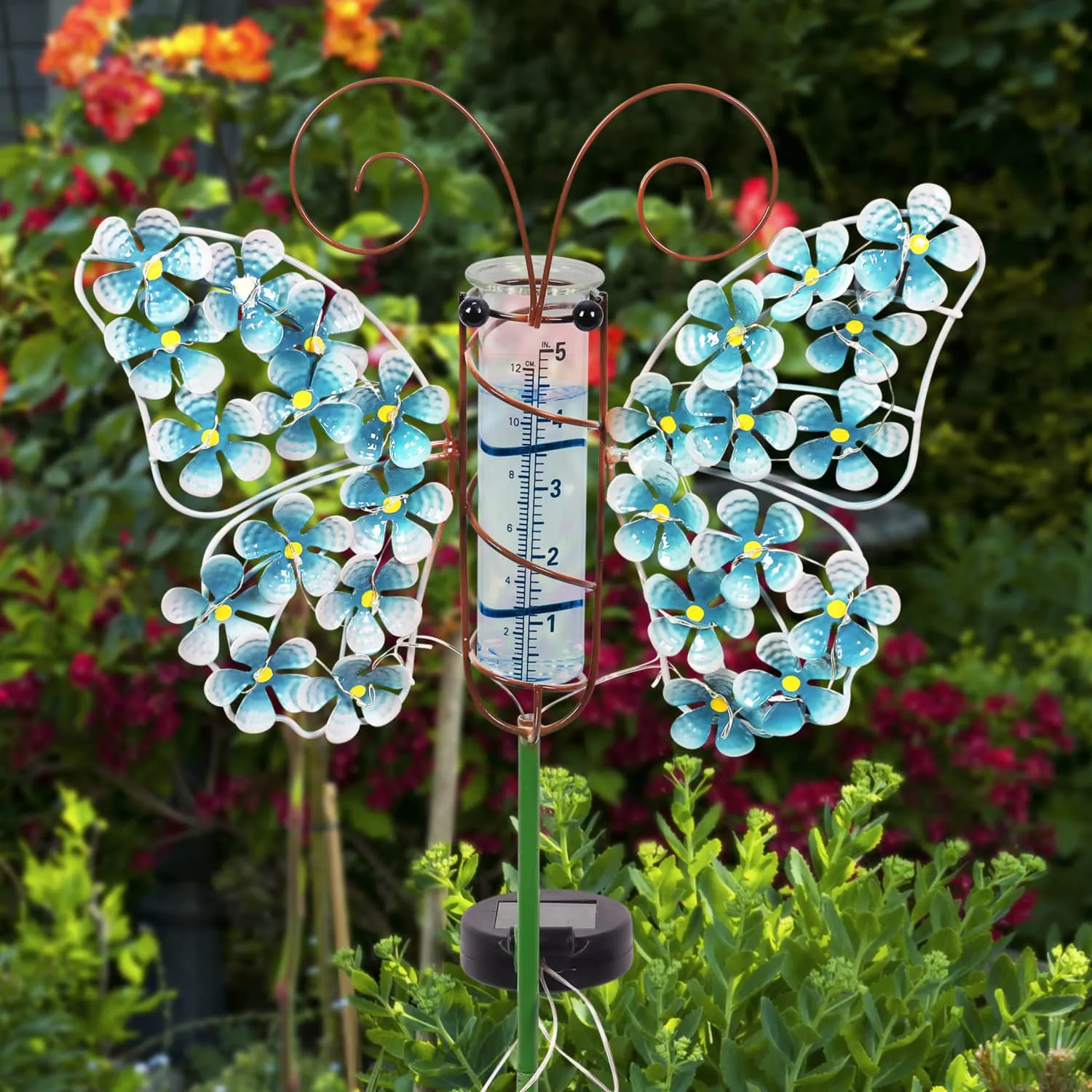 Solar Metal and Glass Blue Butterfly Rain Gauge Garden Stake, 12 by 40 Inches