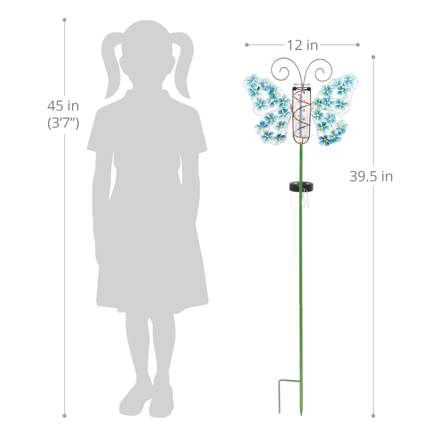 Solar Metal and Glass Blue Butterfly Rain Gauge Garden Stake, 12 by 40 Inches