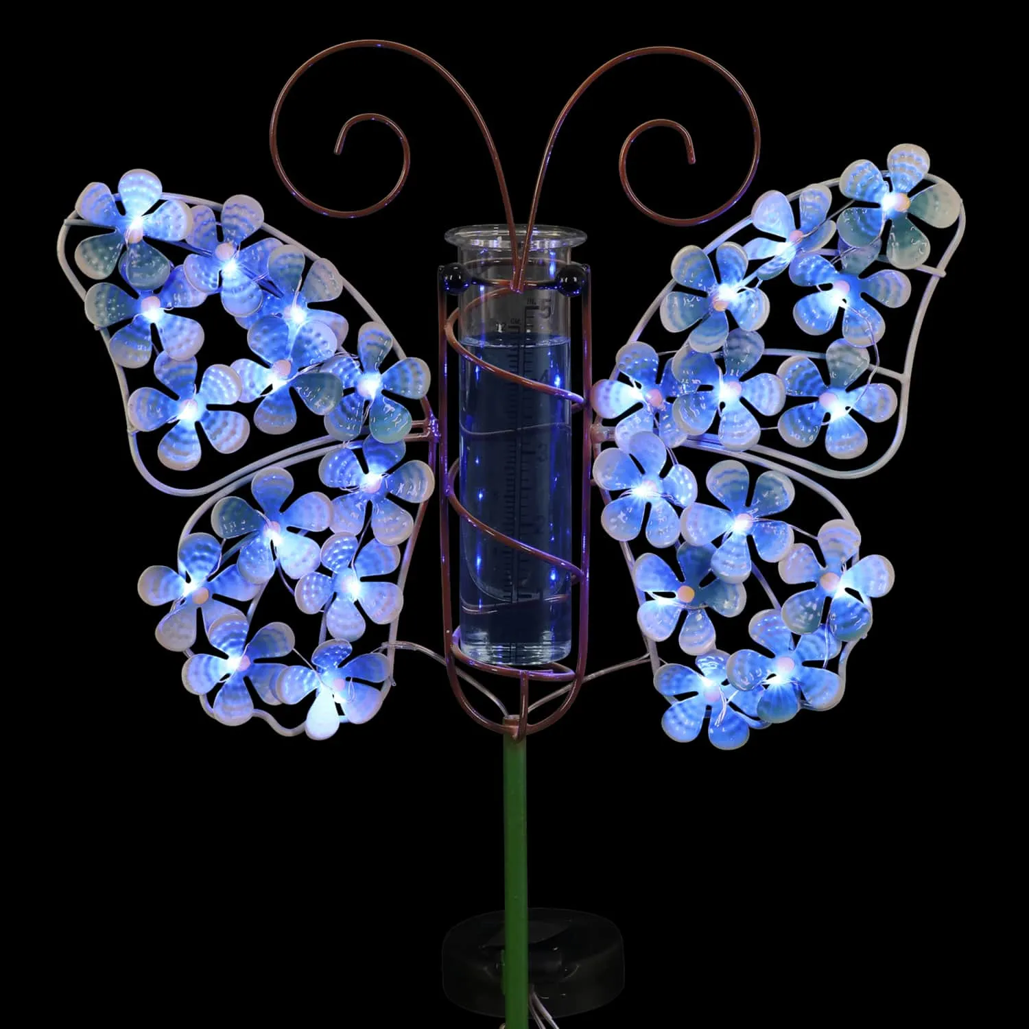 Solar Metal and Glass Blue Butterfly Rain Gauge Garden Stake, 12 by 40 Inches