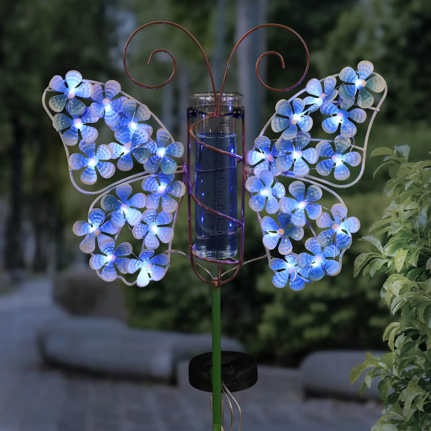 Solar Metal and Glass Blue Butterfly Rain Gauge Garden Stake, 12 by 40 Inches