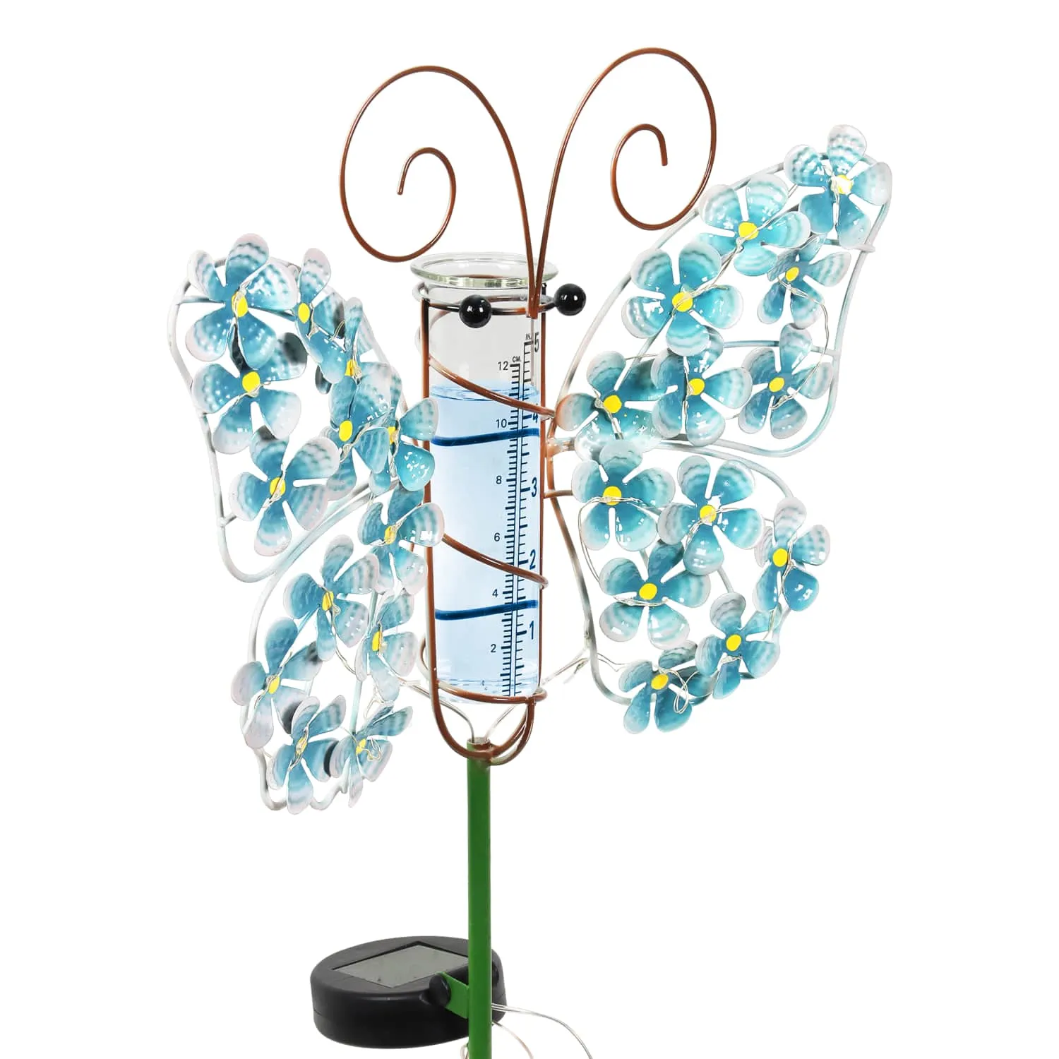 Solar Metal and Glass Blue Butterfly Rain Gauge Garden Stake, 12 by 40 Inches