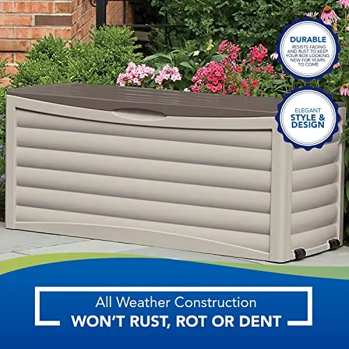 Suncast Resin 103-Gallon Large Storage Box with Wheels-Outdoor Bin for Gardening Tools, Seat Cushions, and Other Accessories, Store Items on Deck, Patio, Backyard, Taupe