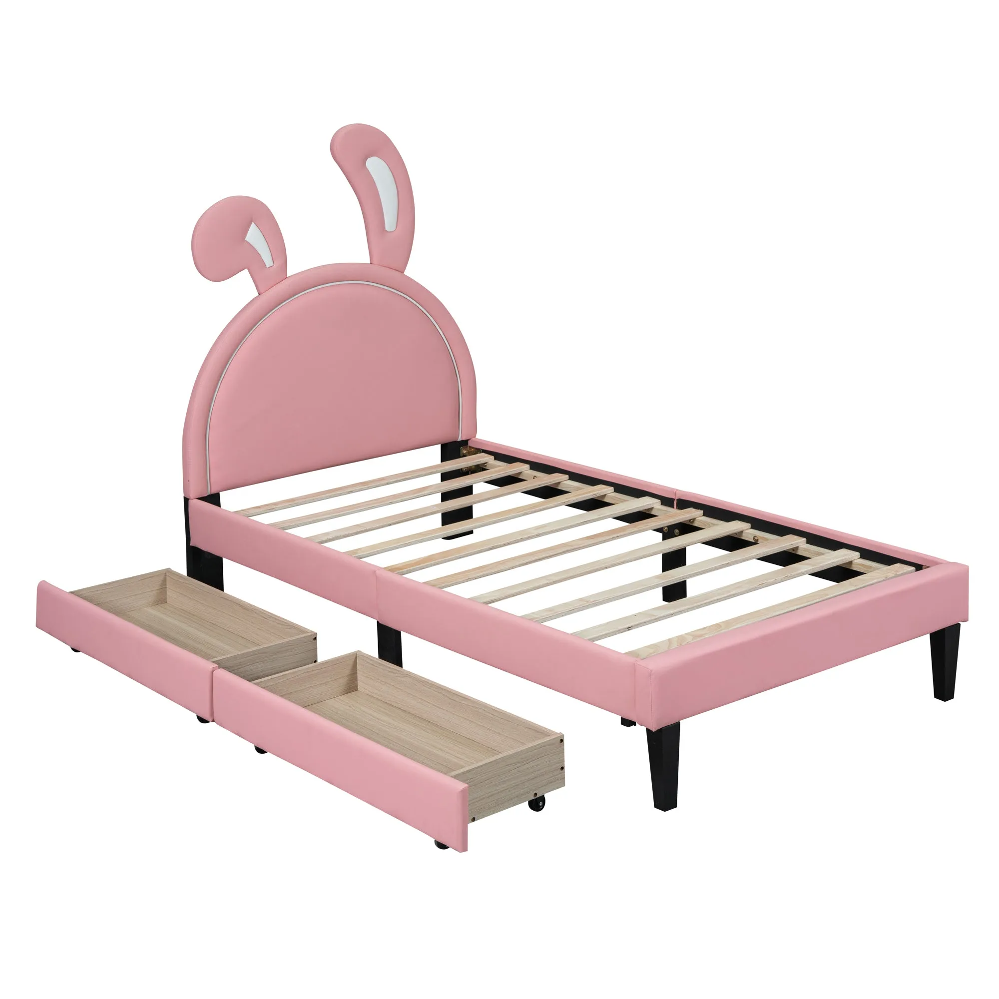 Twin Size Upholstered Leather Platform Bed with Rabbit Ornament and 2 Drawers, Pink