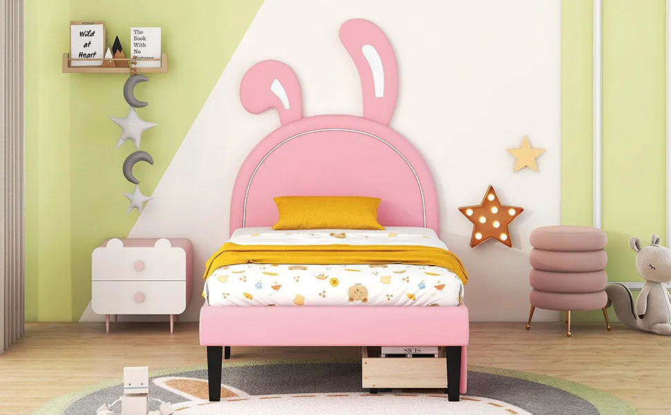 Twin Size Upholstered Leather Platform Bed with Rabbit Ornament and 2 Drawers, Pink