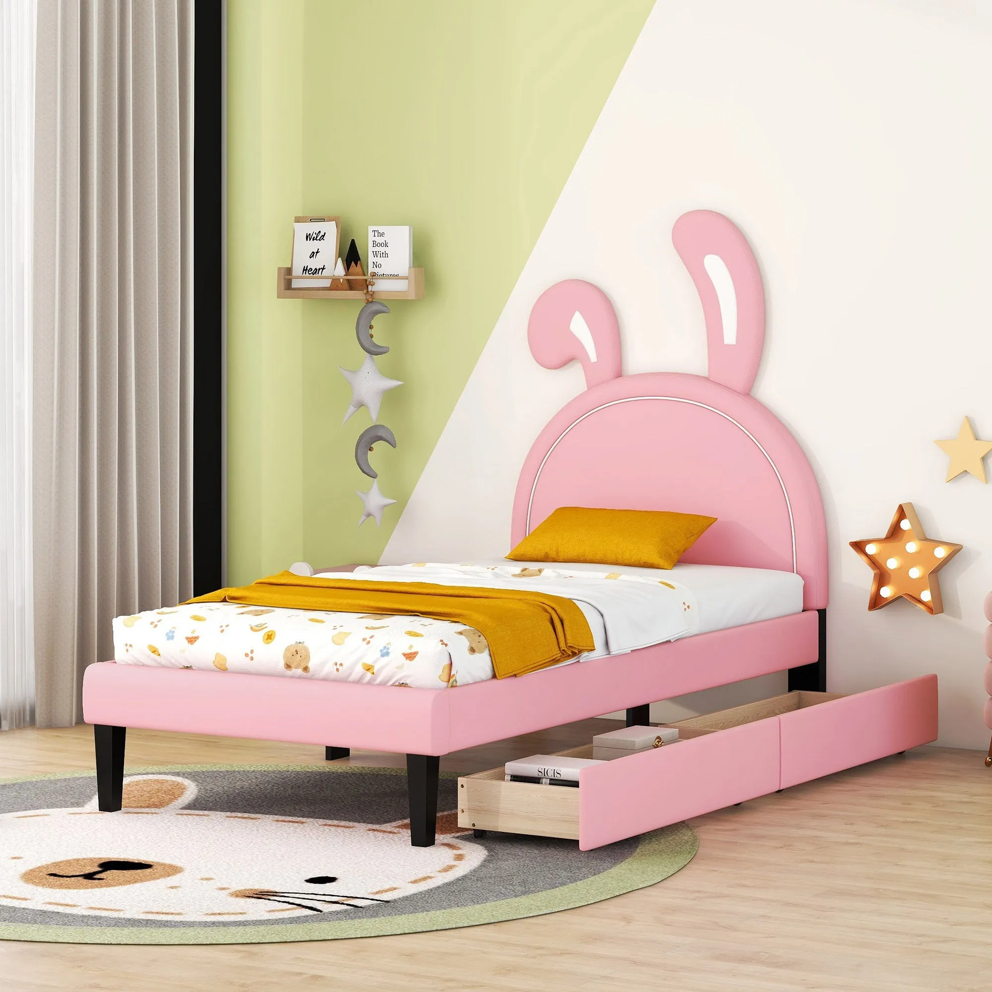 Twin Size Upholstered Leather Platform Bed with Rabbit Ornament and 2 Drawers, Pink