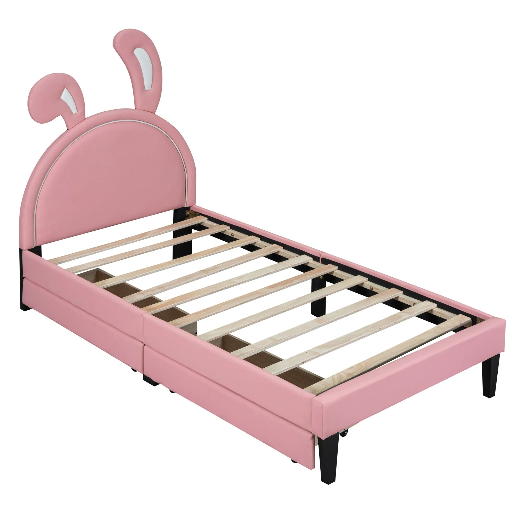 Twin Size Upholstered Leather Platform Bed with Rabbit Ornament and 2 Drawers, Pink