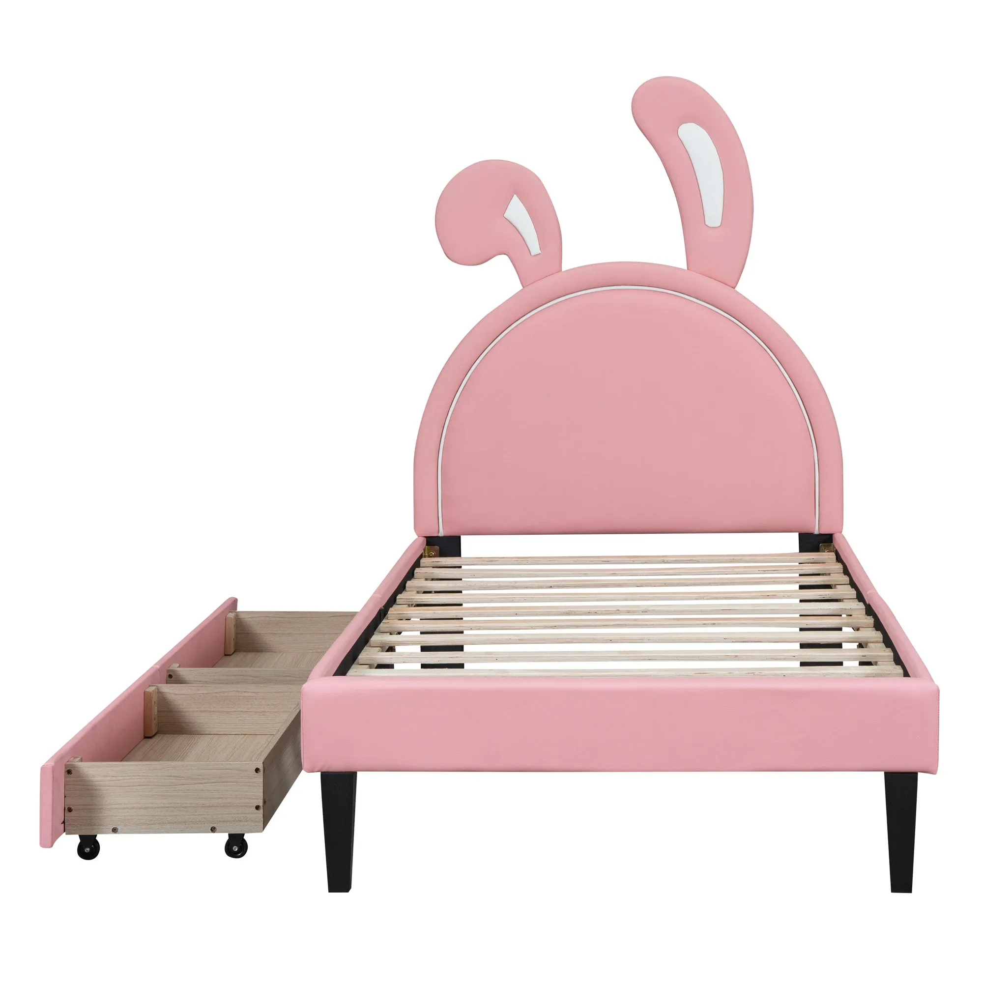 Twin Size Upholstered Leather Platform Bed with Rabbit Ornament and 2 Drawers, Pink