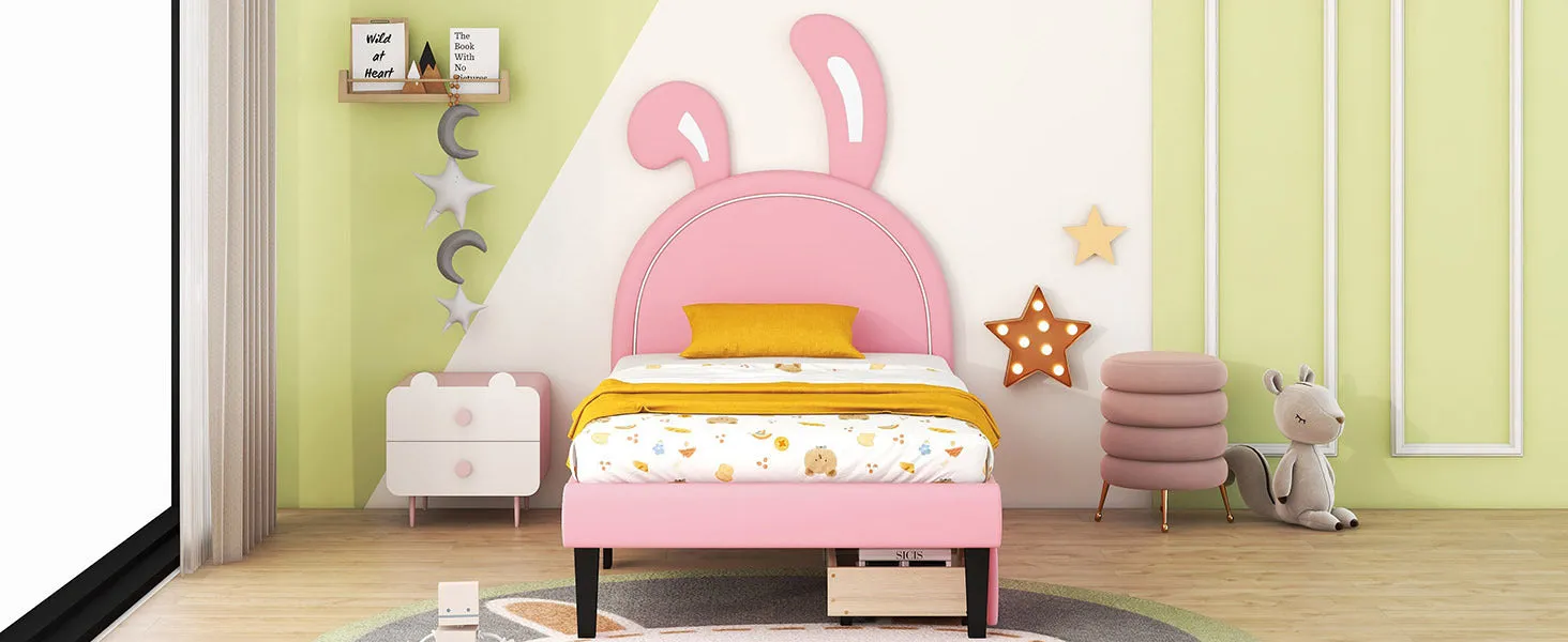 Twin Size Upholstered Leather Platform Bed with Rabbit Ornament and 2 Drawers, Pink