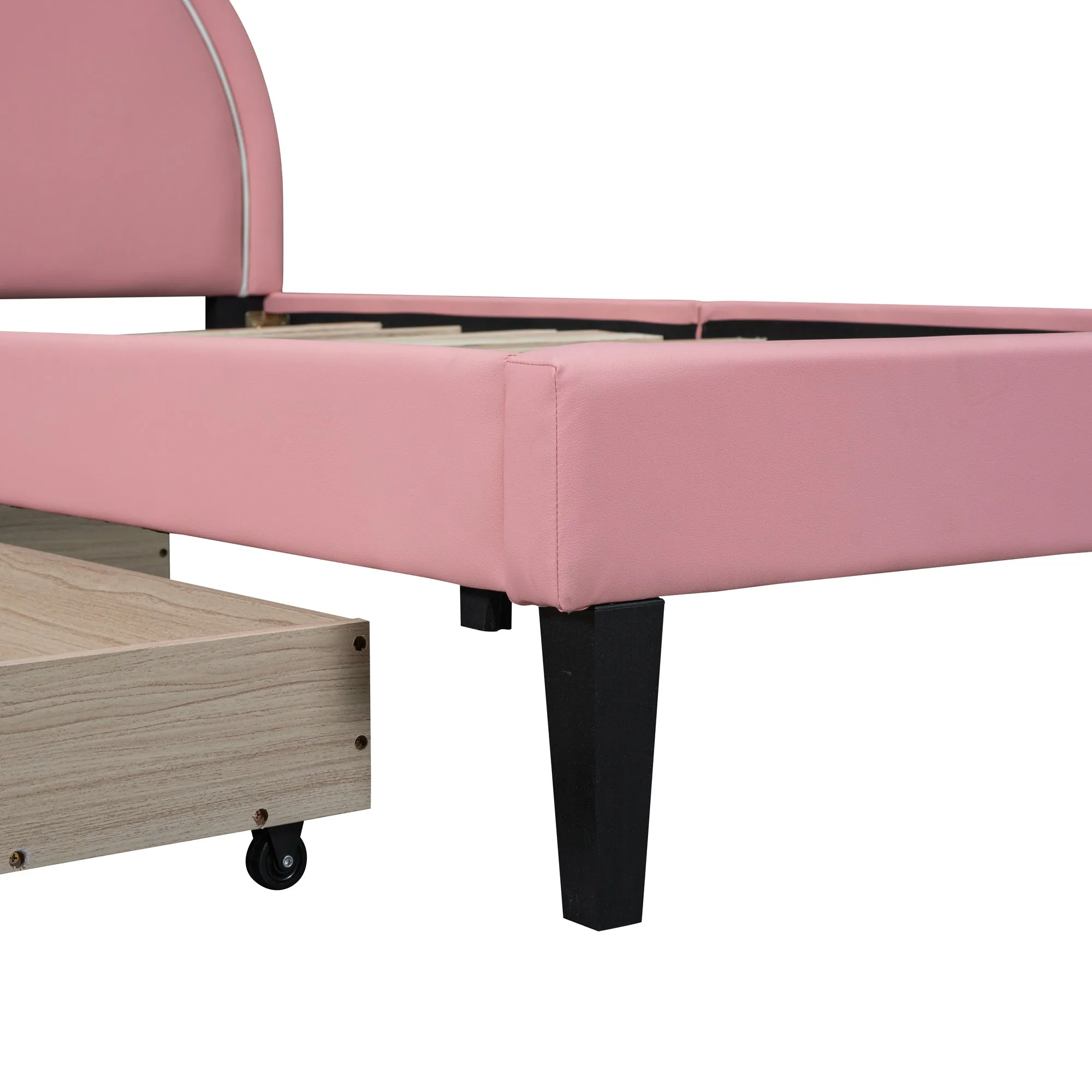 Twin Size Upholstered Leather Platform Bed with Rabbit Ornament and 2 Drawers, Pink