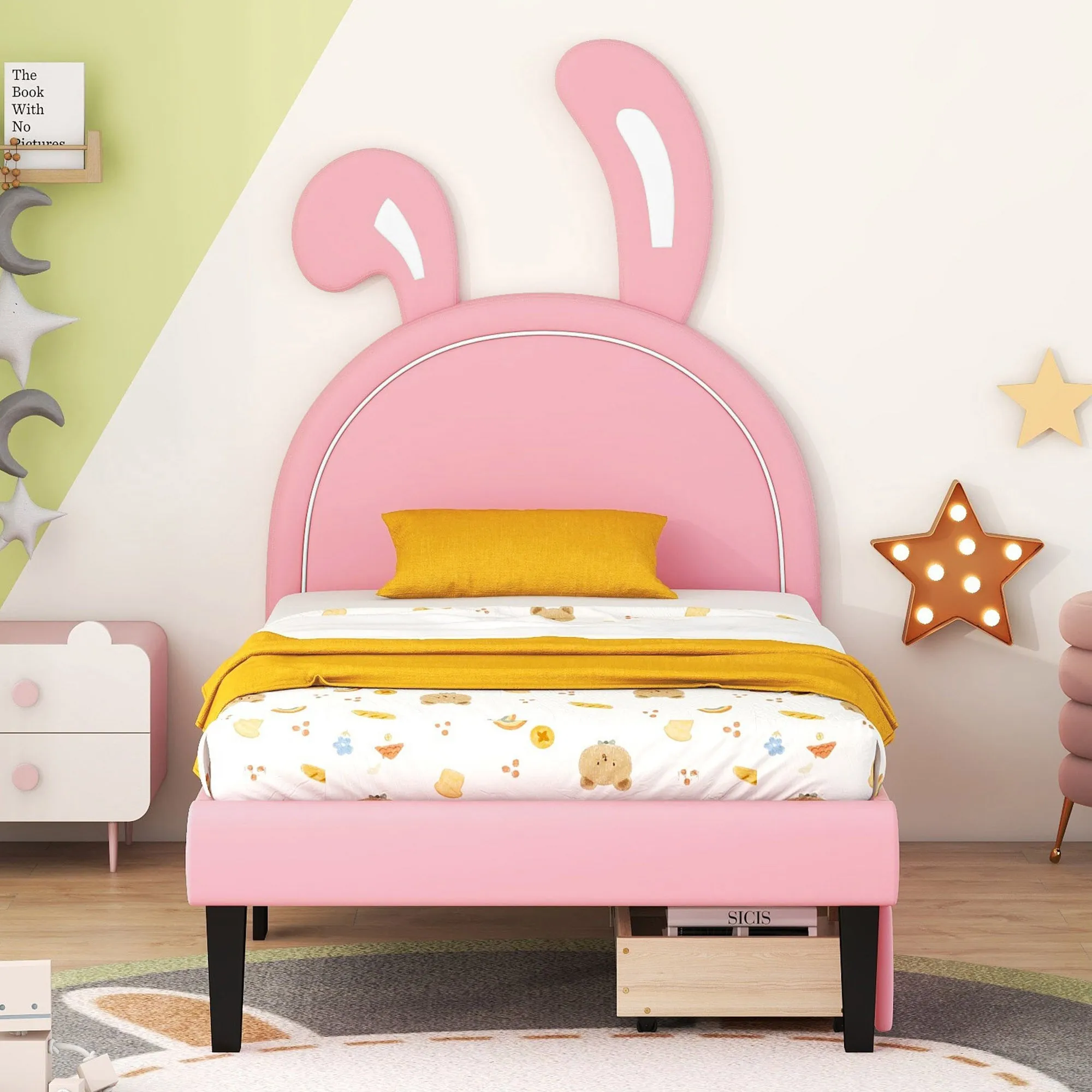 Twin Size Upholstered Leather Platform Bed with Rabbit Ornament and 2 Drawers, Pink