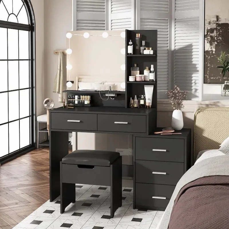 Vanity Desk with Mirror, Lights, and Integrated Nightstand