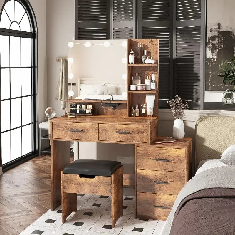 Vanity Desk with Mirror, Lights, and Integrated Nightstand