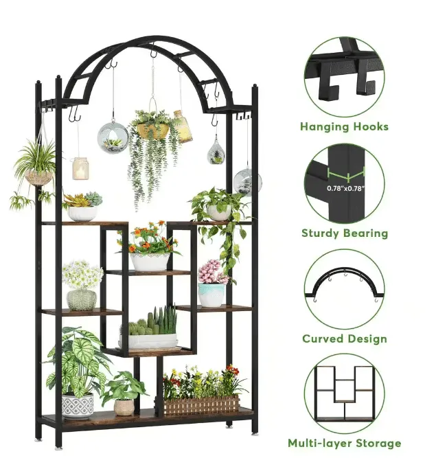 Wellston 74.8 in. Rustic Brown 5-Tier Indoor Plant Stand Flower Rack with Side Hanging Hooks and S-hooks