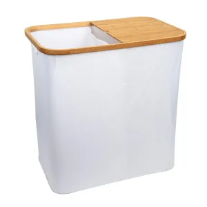 White Fabric Bamboo Laundry Basket / Hamper